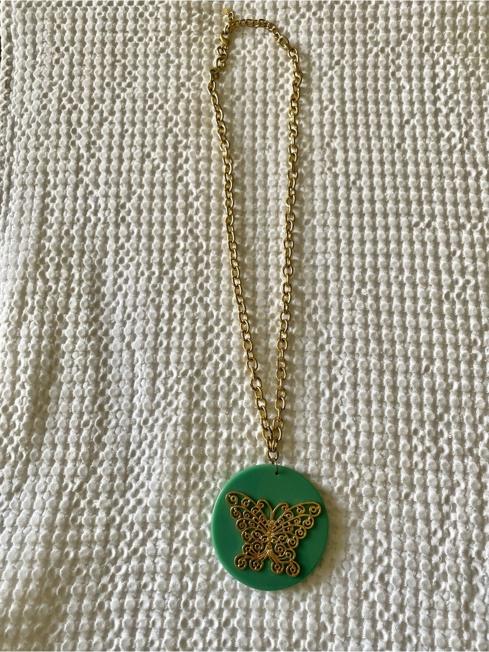 Gold Chain Necklace with Green Round Pendant with Butterfly Accent